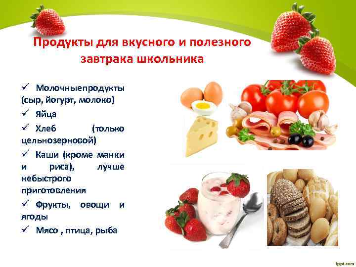 Продукты для вкусного и полезного завтрака школьника ü Молочные продукты (сыр, йогурт, молоко) ü