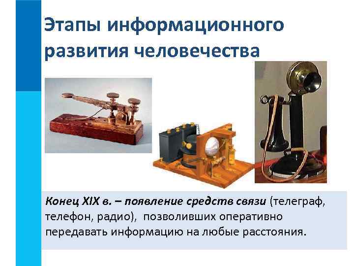 Этапы информационного развития человечества Конец XIX в. – появление средств связи (телеграф, телефон, радио),