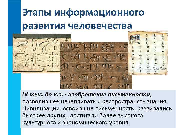 Этапы информационного развития человечества IV тыс. до н. э. - изобретение письменности, позволившее накапливать