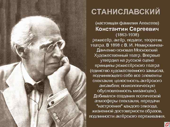 СТАНИСЛАВСКИЙ (настоящая фамилия Алексеев) Константин Сергеевич (1863 -1938) режиссёр, актёр, педагог, теоретик театра. В