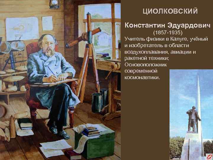 ЦИОЛКОВСКИЙ Константин Эдуардович (1857 -1935) Учитель физики в Калуге, учёный и изобретатель в области