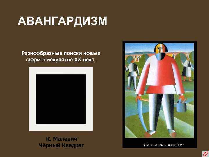 АВАНГАРДИЗМ Разнообразные поиски новых форм в искусстве XX века. К. Малевич Чёрный Квадрат 