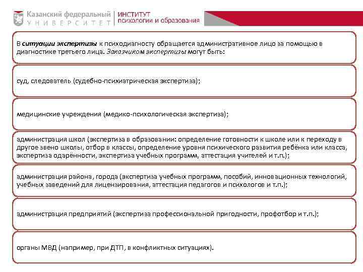 В ситуации экспертизы к психодиагносту обращается административное лицо за помощью в диагностике третьего лица.