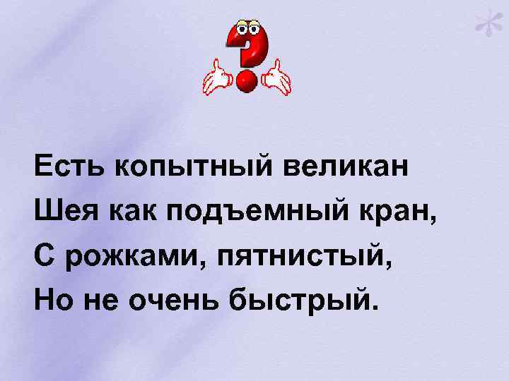 Есть копытный великан Шея как подъемный кран, С рожками, пятнистый, Но не очень быстрый.