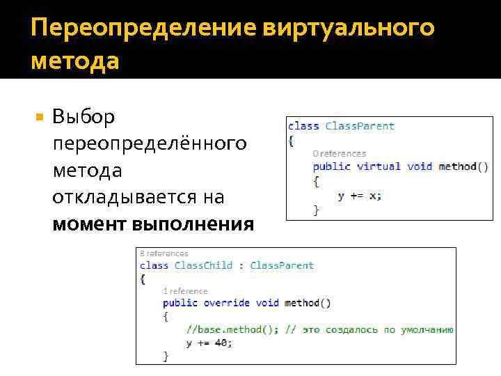 Переопределение виртуального метода Выбор переопределённого метода откладывается на момент выполнения 