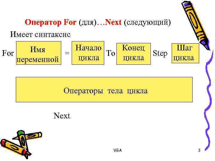 Оператор For (для)…Next (следующий) Имеет синтаксис Начало Конец Шаг Имя For = To Step