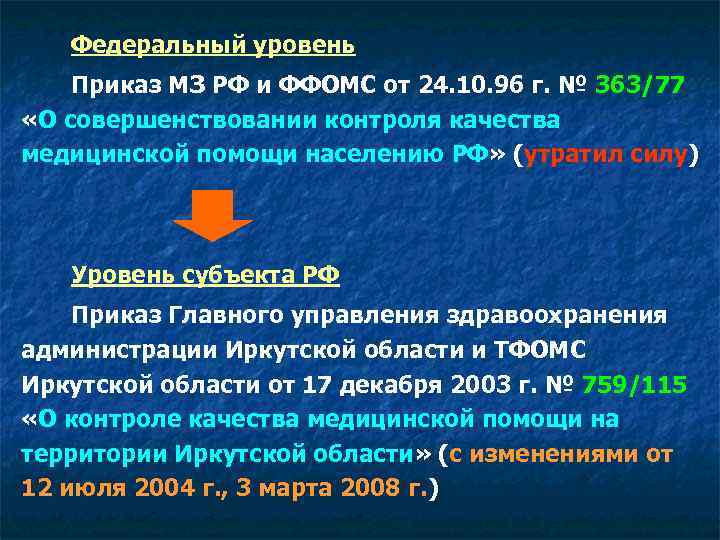 Федеральный уровень Приказ МЗ РФ и ФФОМС от 24. 10. 96 г. № 363/77