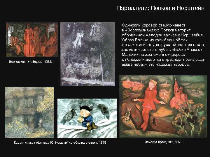 Параллели: Попков и Норштейн Воспоминания. Вдовы. 1966 Кадры из мультфильма Ю. Норштейна «Сказка сказок»