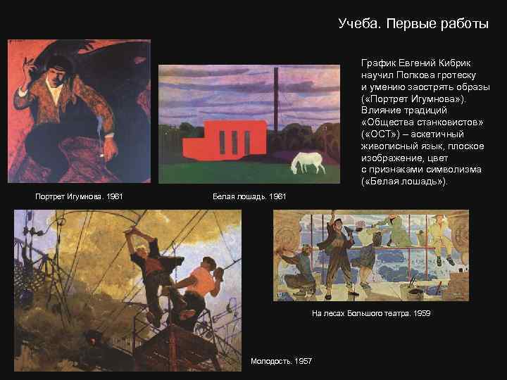 Учеба. Первые работы График Евгений Кибрик научил Попкова гротеску и умению заострять образы (