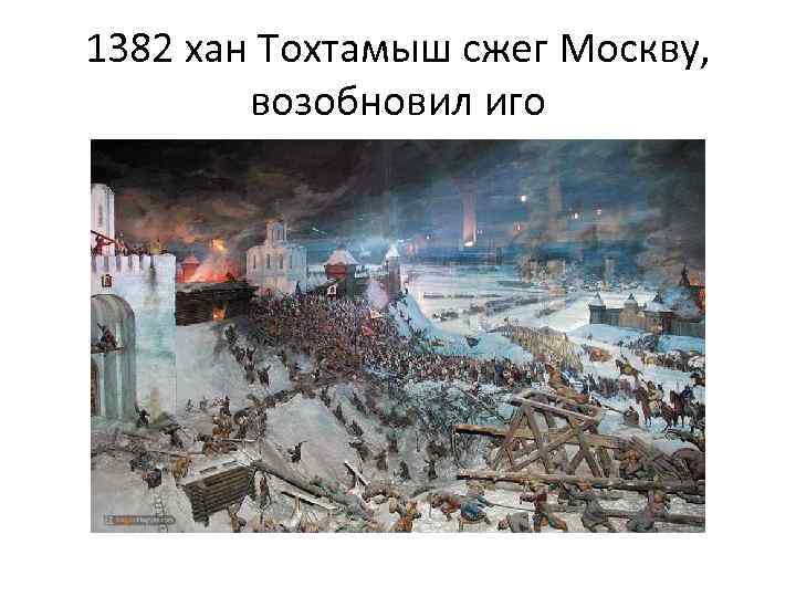 1382 хан Тохтамыш сжег Москву, возобновил иго 