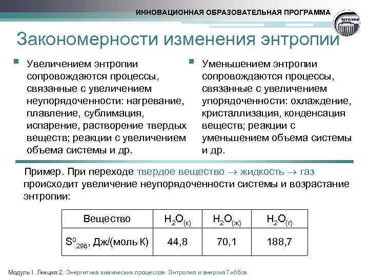 ИННОВАЦИОННАЯ ОБРАЗОВАТЕЛЬНАЯ ПРОГРАММА Закономерности изменения энтропии § Увеличением энтропии § сопровождаются процессы, связанные с