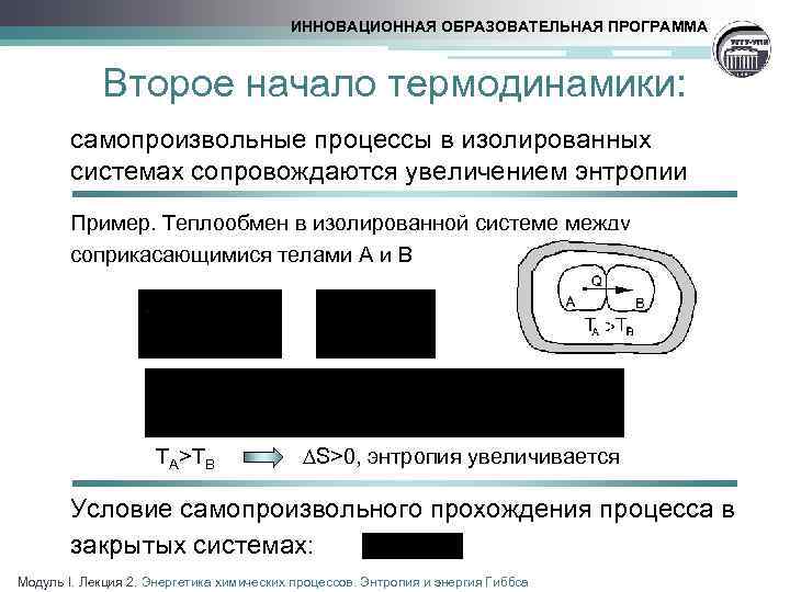 ИННОВАЦИОННАЯ ОБРАЗОВАТЕЛЬНАЯ ПРОГРАММА Второе начало термодинамики: самопроизвольные процессы в изолированных системах сопровождаются увеличением энтропии
