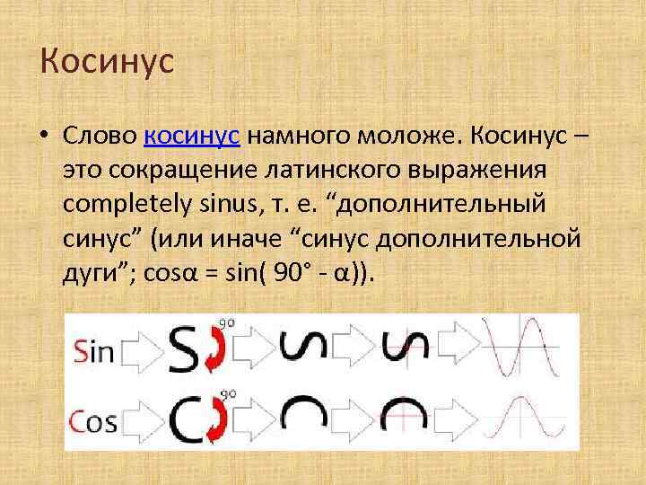 Косинус • Слово косинус намного моложе. Косинус – это сокращение латинского выражения completely sinus,