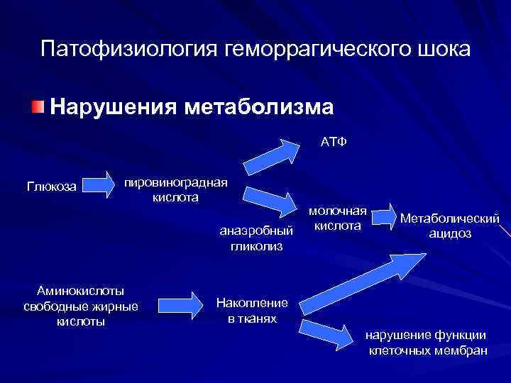 Патофизиология геморрагического шока Нарушения метаболизма АТФ Глюкоза пировиноградная кислота анаэробный гликолиз Аминокислоты свободные жирные