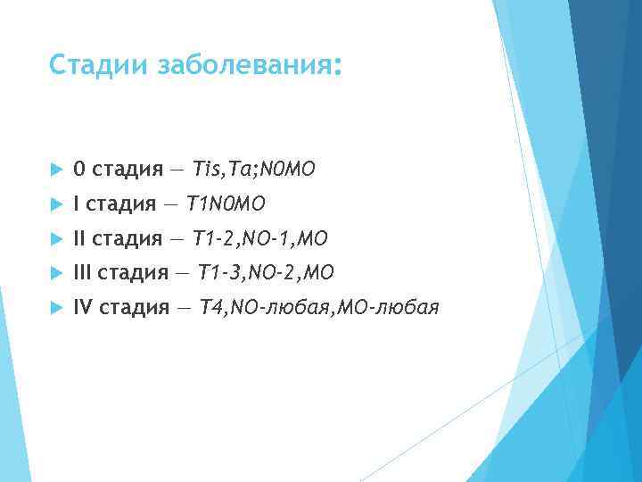 Стадии заболевания: 0 стадия — Tis, Tа; N 0 MO I стадия — T