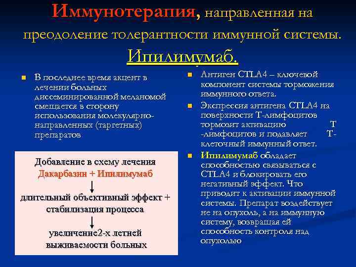 Иммунотерапия, направленная на преодоление толерантности иммунной системы. Ипилимумаб. n В последнее время акцент в