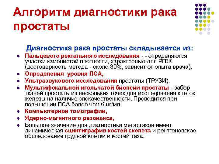 Алгоритм диагностики рака простаты Диагностика рака простаты складывается из: l l l l Пальцевого