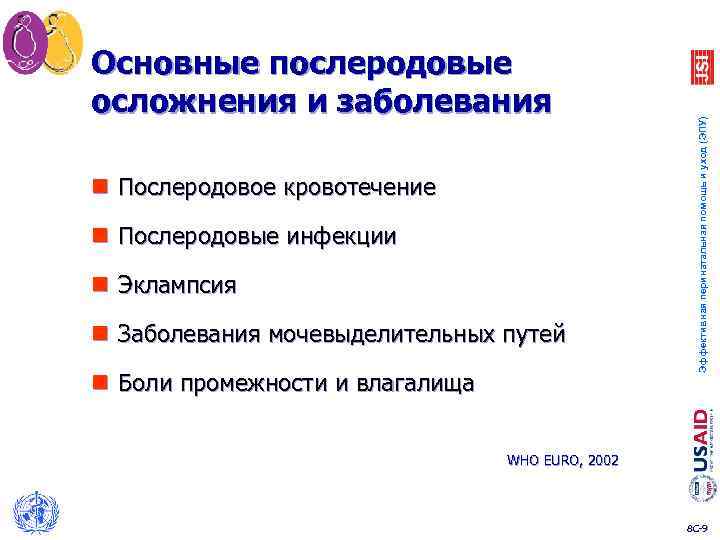 n Послеродовое кровотечение n Послеродовые инфекции n Эклампсия n Заболевания мочевыделительных путей n Боли