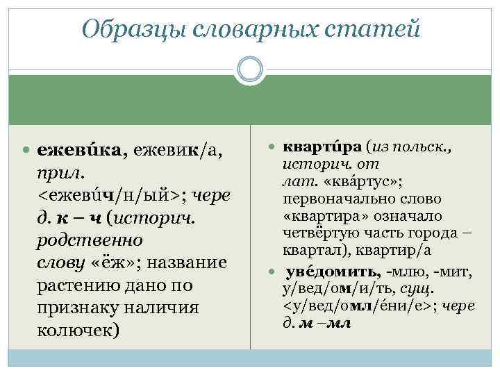 Образцы словарных статей ежевúка, ежевик/а, прил. <ежевúч/н/ый>; чере д. к – ч (историч. родственно