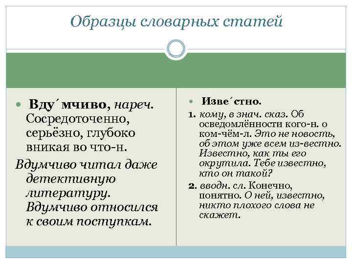 Образцы словарных статей Вду´мчиво, нареч. Сосредоточенно, серьёзно, глубоко вникая во что н. Вдумчиво читал