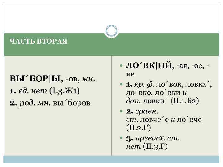 ЧАСТЬ ВТОРАЯ ЛО´ВК|ИЙ, ая, ое, ВЫ´БОР|Ы, ов, мн. 1. ед. нет (I. 3. Ж