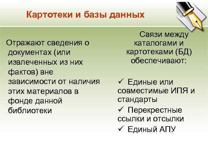 Картотеки и базы данных Отражают сведения о документах (или извлеченных из них фактов) вне