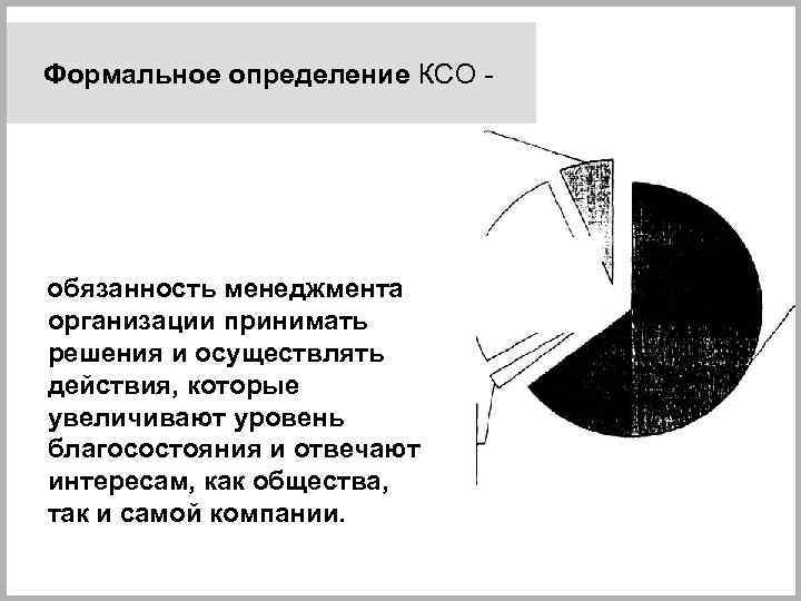 Формальное определение КСО - обязанность менеджмента организации принимать решения и осуществлять действия, которые увеличивают