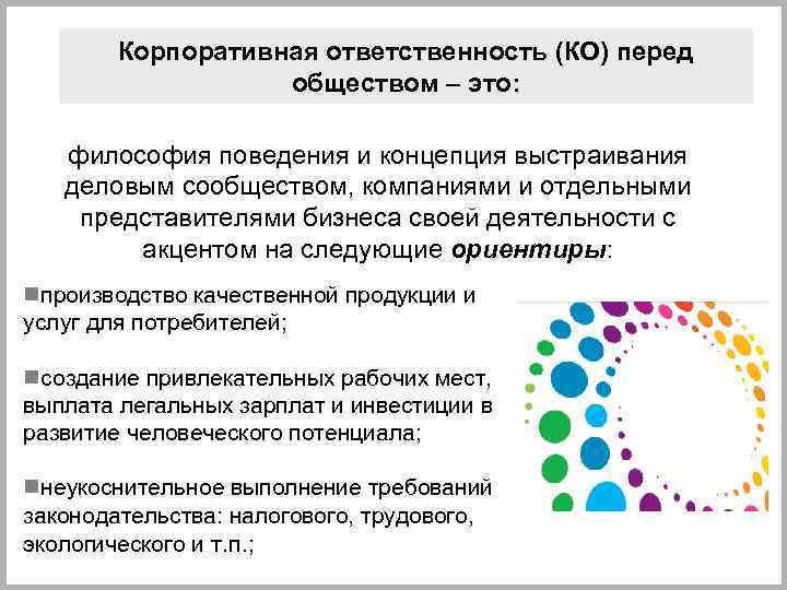 Корпоративная ответственность (КО) перед обществом – это: философия поведения и концепция выстраивания деловым сообществом,