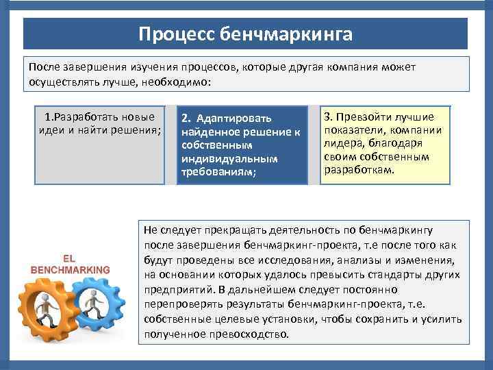 Процесс бенчмаркинга После завершения изучения процессов, которые другая компания может осуществлять лучше, необходимо: 1.