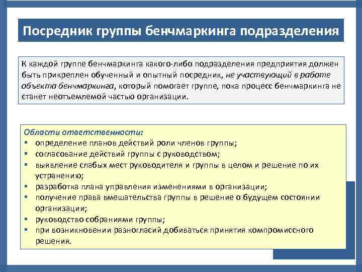 Посредник группы бенчмаркинга подразделения К каждой группе бенчмаркинга какого либо подразделения предприятия должен быть