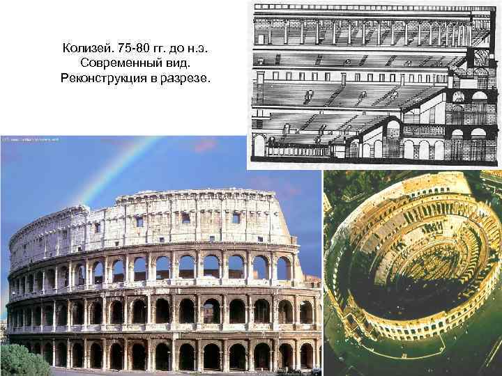 Колизей. 75 -80 гг. до н. э. Современный вид. Реконструкция в разрезе. 