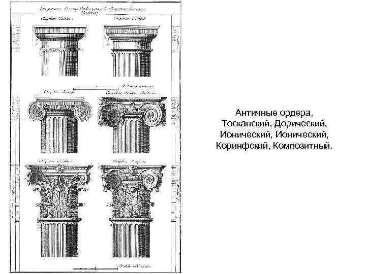 Античные ордера. Тосканский, Дорический, Ионический, Коринфский, Композитный. 