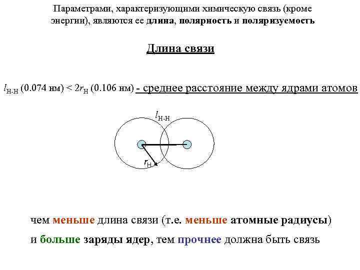 Параметрами, характеризующими химическую связь (кроме энергии), являются ее длина, полярность и поляризуемость Длина связи