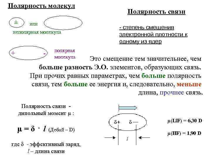 Полярность молекул ± Полярность связи или - степень смещения электронной плотности к одному из