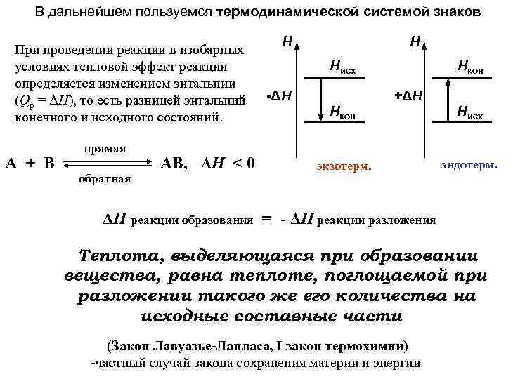 В дальнейшем пользуемся термодинамической системой знаков При проведении реакции в изобарных условиях тепловой эффект