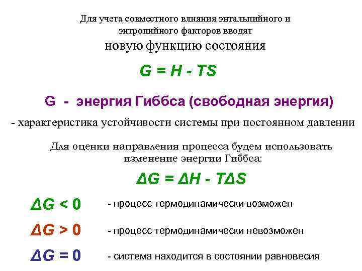 Для учета совместного влияния энтальпийного и энтропийного факторов вводят новую функцию состояния G =