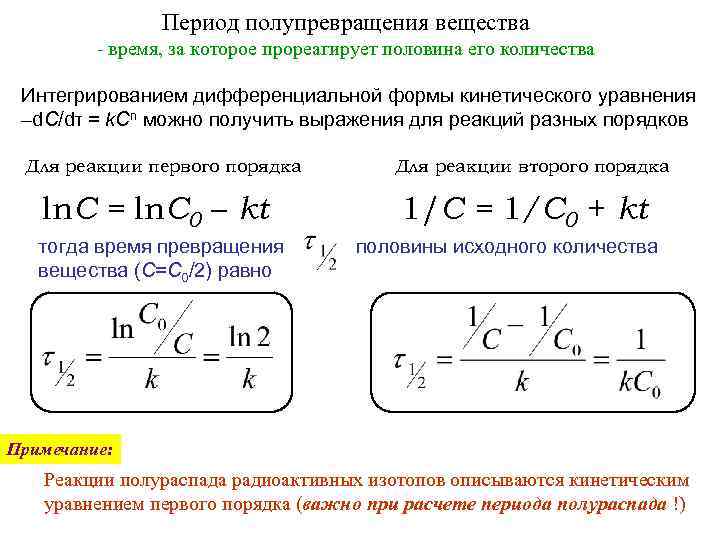 Период полупревращения вещества - время, за которое прореагирует половина его количества Интегрированием дифференциальной формы