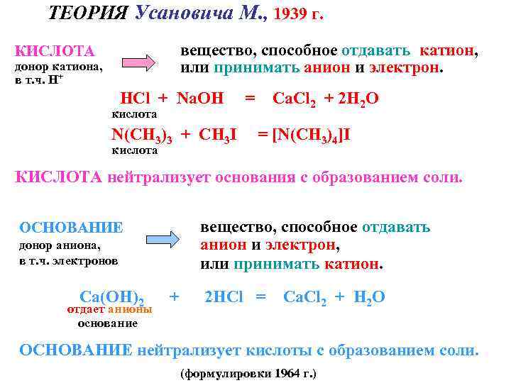 ТЕОРИЯ Усановича М. , 1939 г. вещество, способное отдавать катион, или принимать анион и