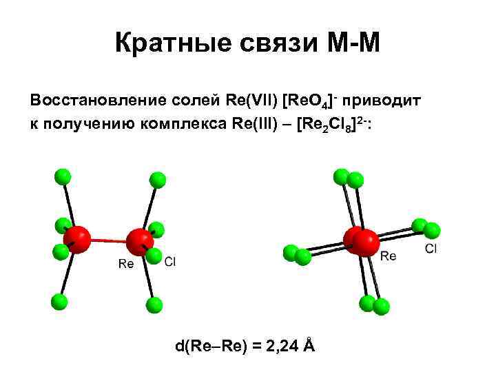 Кратные связи М-М Восстановление солей Re(VII) [Re. O 4]- приводит к получению комплекса Re(III)