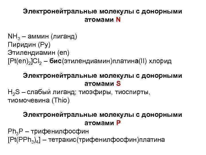 Электронейтральные молекулы с донорными атомами N NH 3 – аммин (лиганд) Пиридин (Py) Этилендиамин