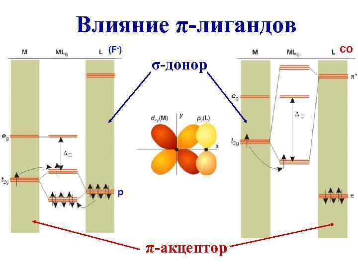 Влияние π-лигандов (F-) CO σ-донор р π-акцептор 