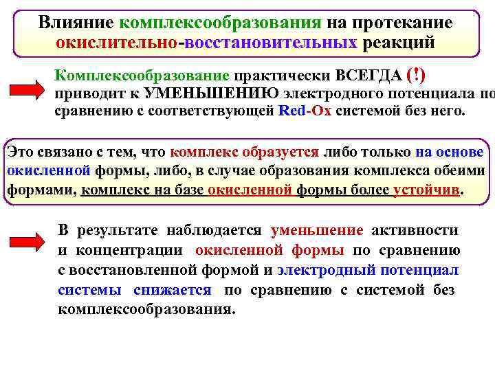 Влияние комплексообразования на протекание окислительно-восстановительных реакций Комплексообразование практически ВСЕГДА (!) приводит к УМЕНЬШЕНИЮ электродного