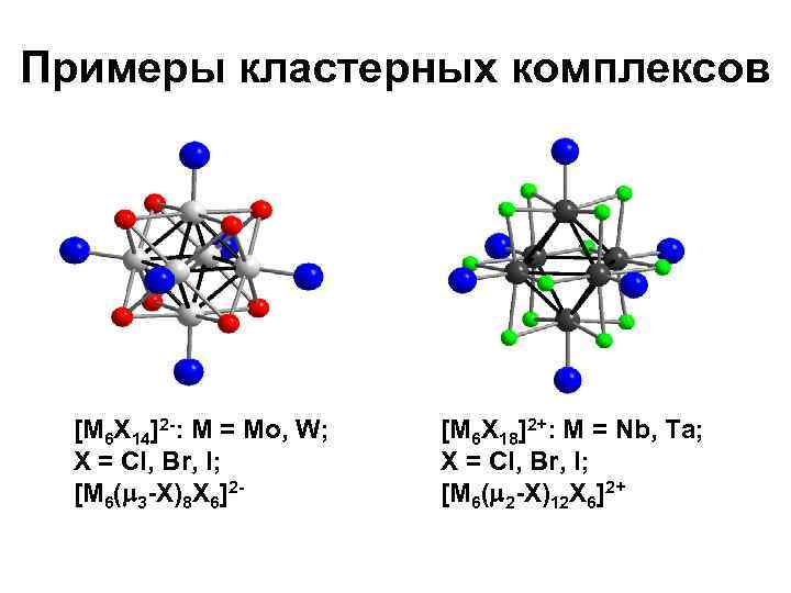 Примеры кластерных комплексов [M 6 X 14]2 -: M = Mo, W; X =