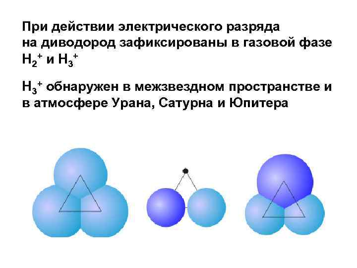 При действии электрического разряда на диводород зафиксированы в газовой фазе H 2+ и H