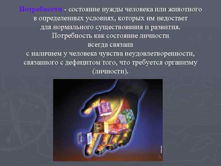 Потребности состояние нужды человека или животного в определенных условиях, которых им недостает для нормального