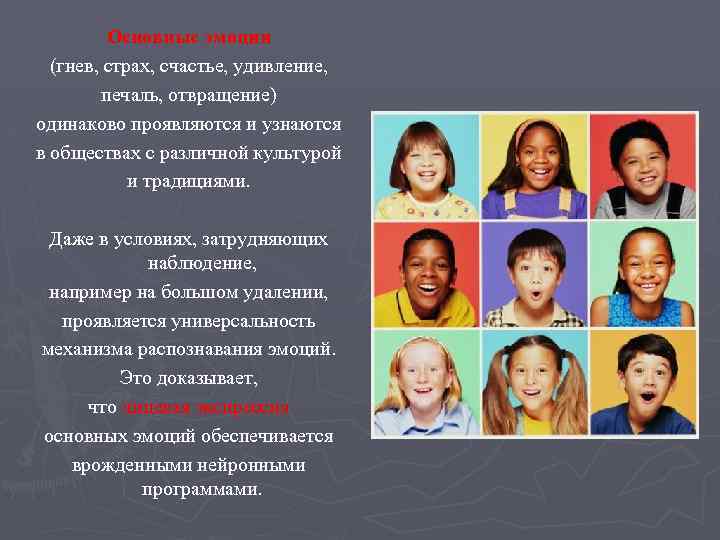 Основные эмоции (гнев, страх, счастье, удивление, печаль, отвращение) одинаково проявляются и узнаются в обществах