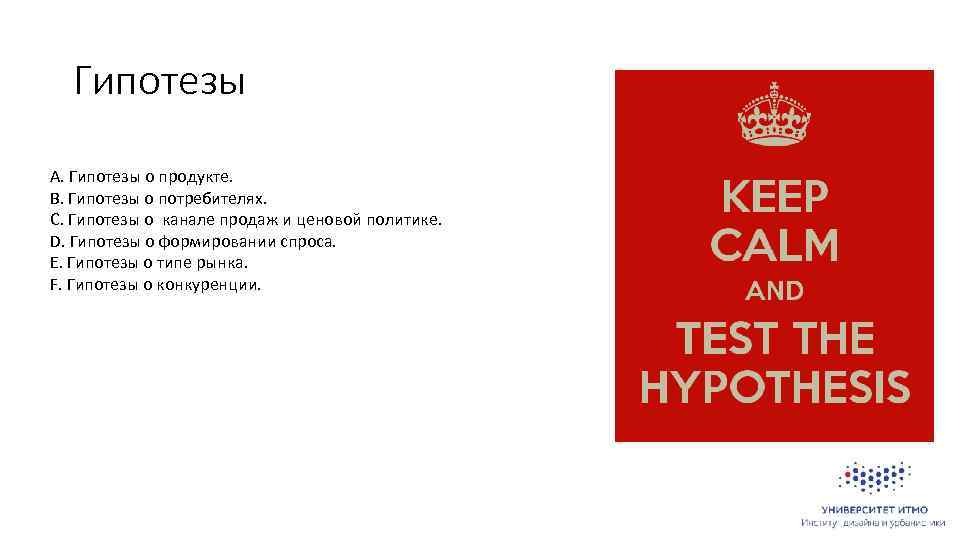 Гипотезы А. Гипотезы о продукте. В. Гипотезы о потребителях. С. Гипотезы о канале продаж