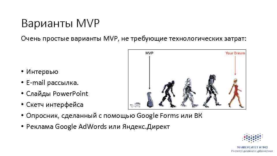 Варианты MVP Очень простые варианты MVP, не требующие технологических затрат: • • • Интервью