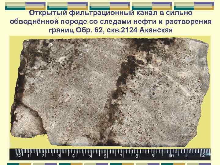 Открытый фильтрационный канал в сильно обводнённой породе со следами нефти и растворения границ Обр.
