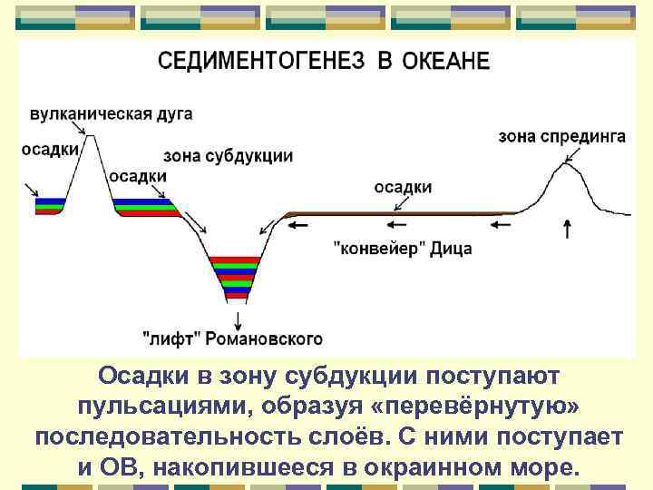 Осадки в зону субдукции поступают пульсациями, образуя «перевёрнутую» последовательность слоёв. С ними поступает и